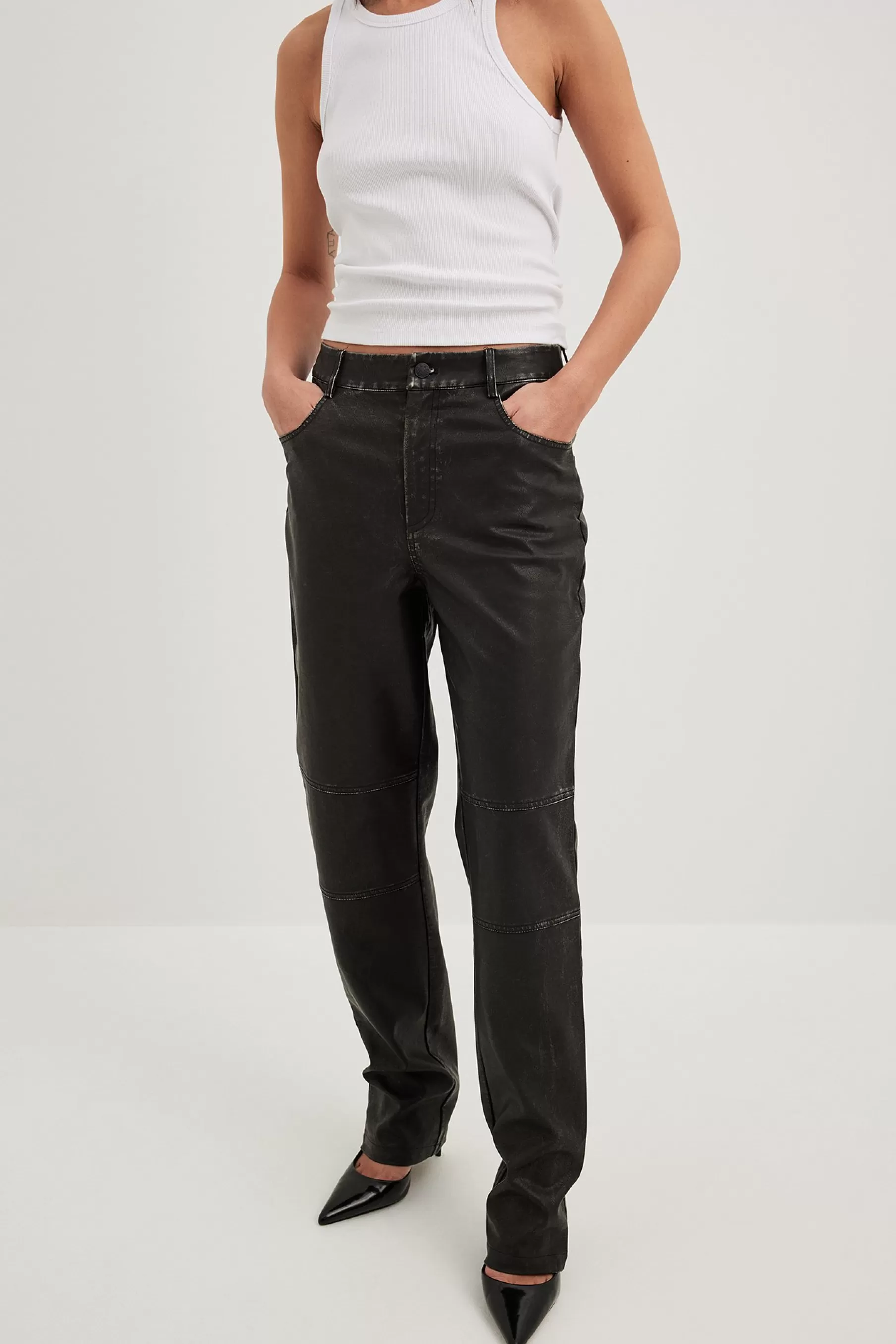 NA-KD Worn Out Look PU Pants Black