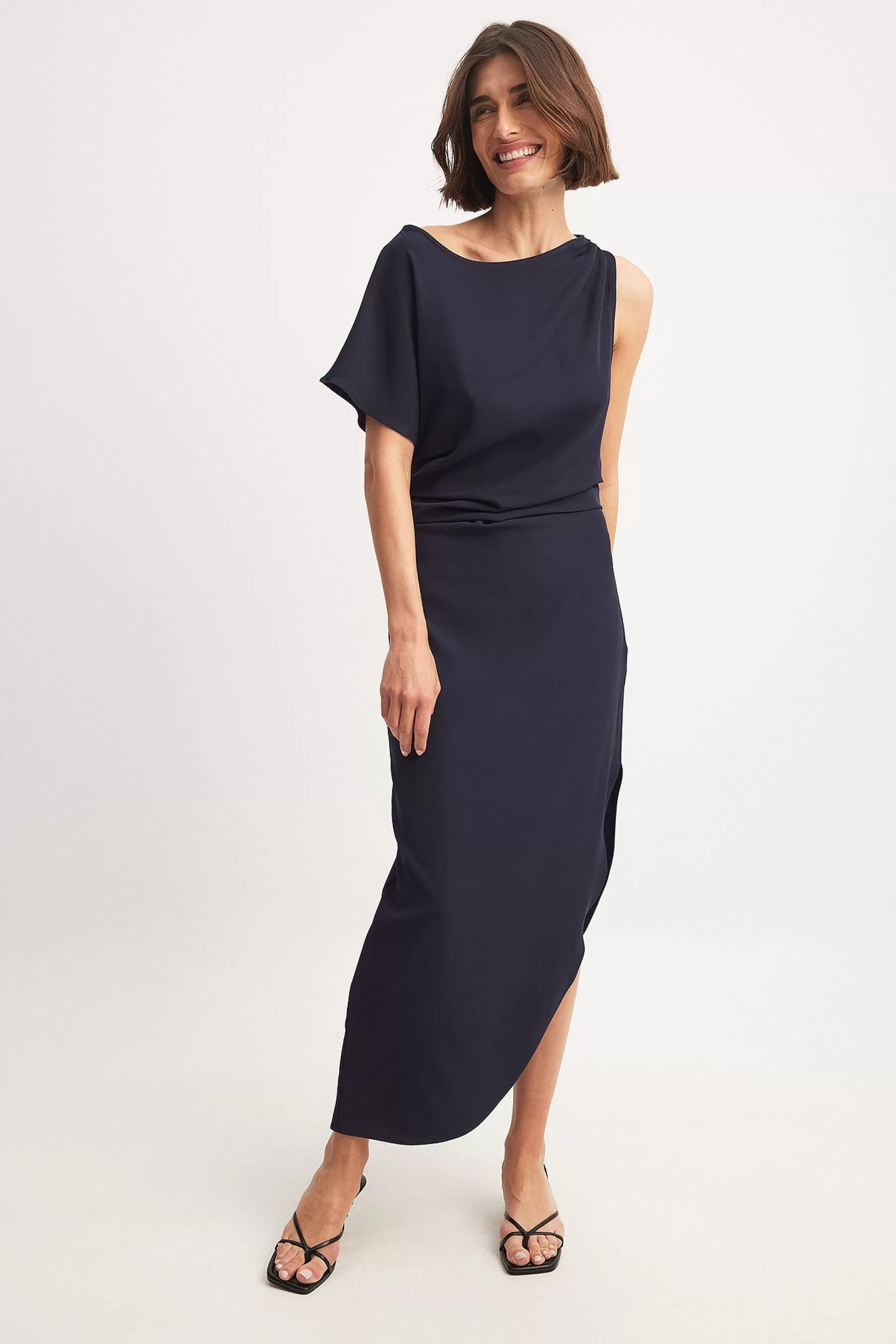 NA-KD Woven One Sleeve Draped Detail Asymmetric Dress Blue