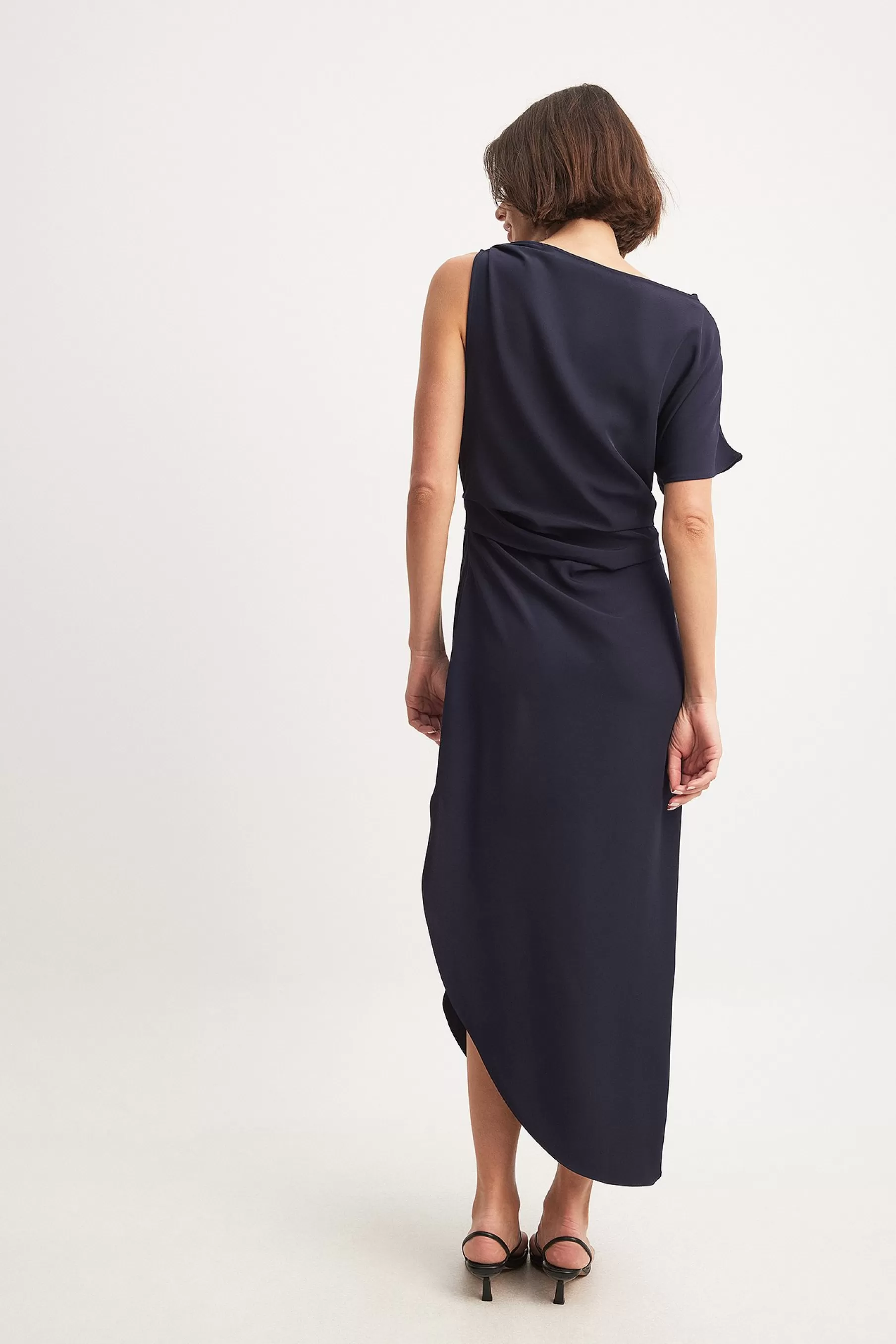 NA-KD Woven One Sleeve Draped Detail Asymmetric Dress Blue