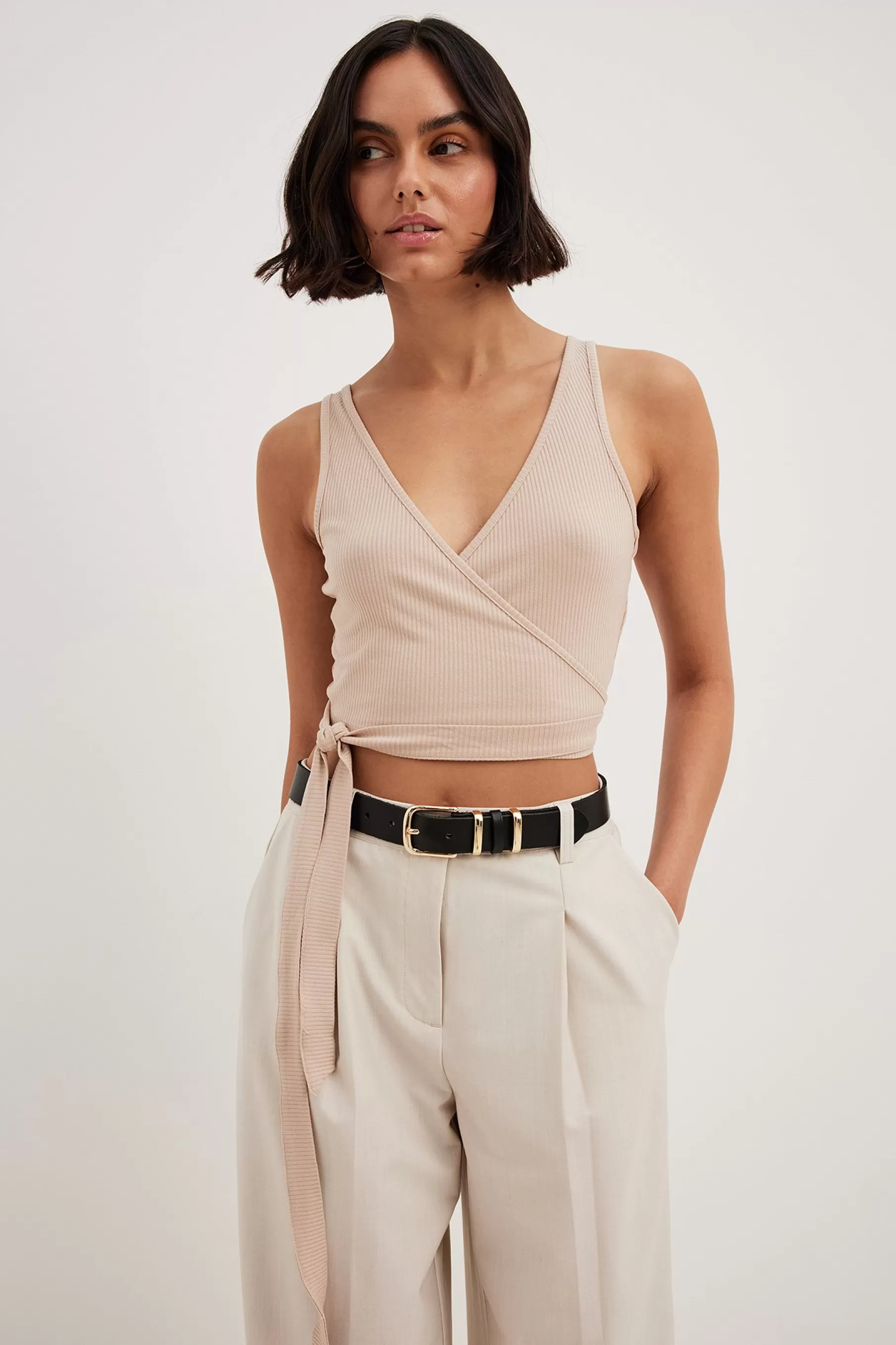 NA-KD Wrap Detail Rib Singlet Beige