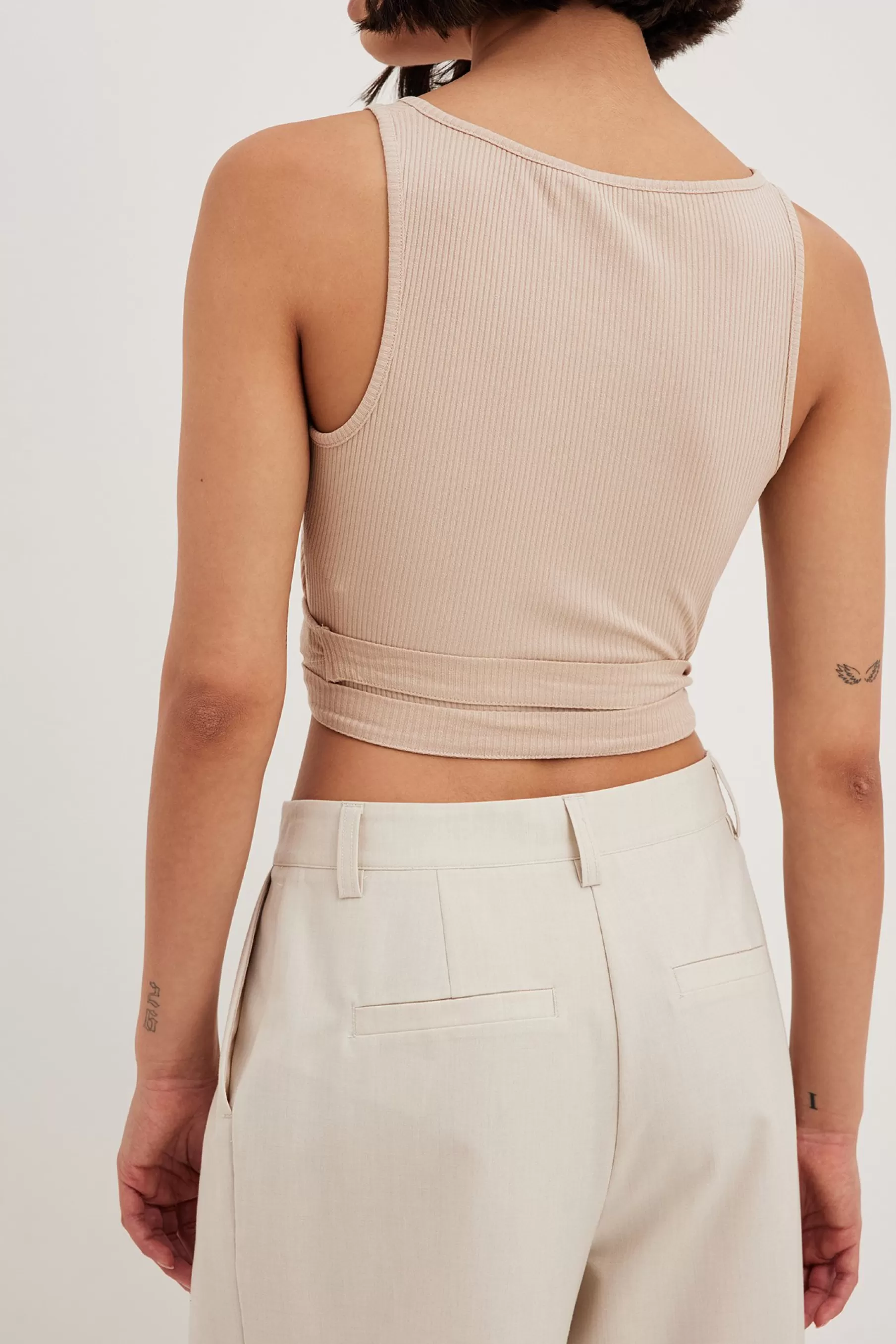 NA-KD Wrap Detail Rib Singlet Beige