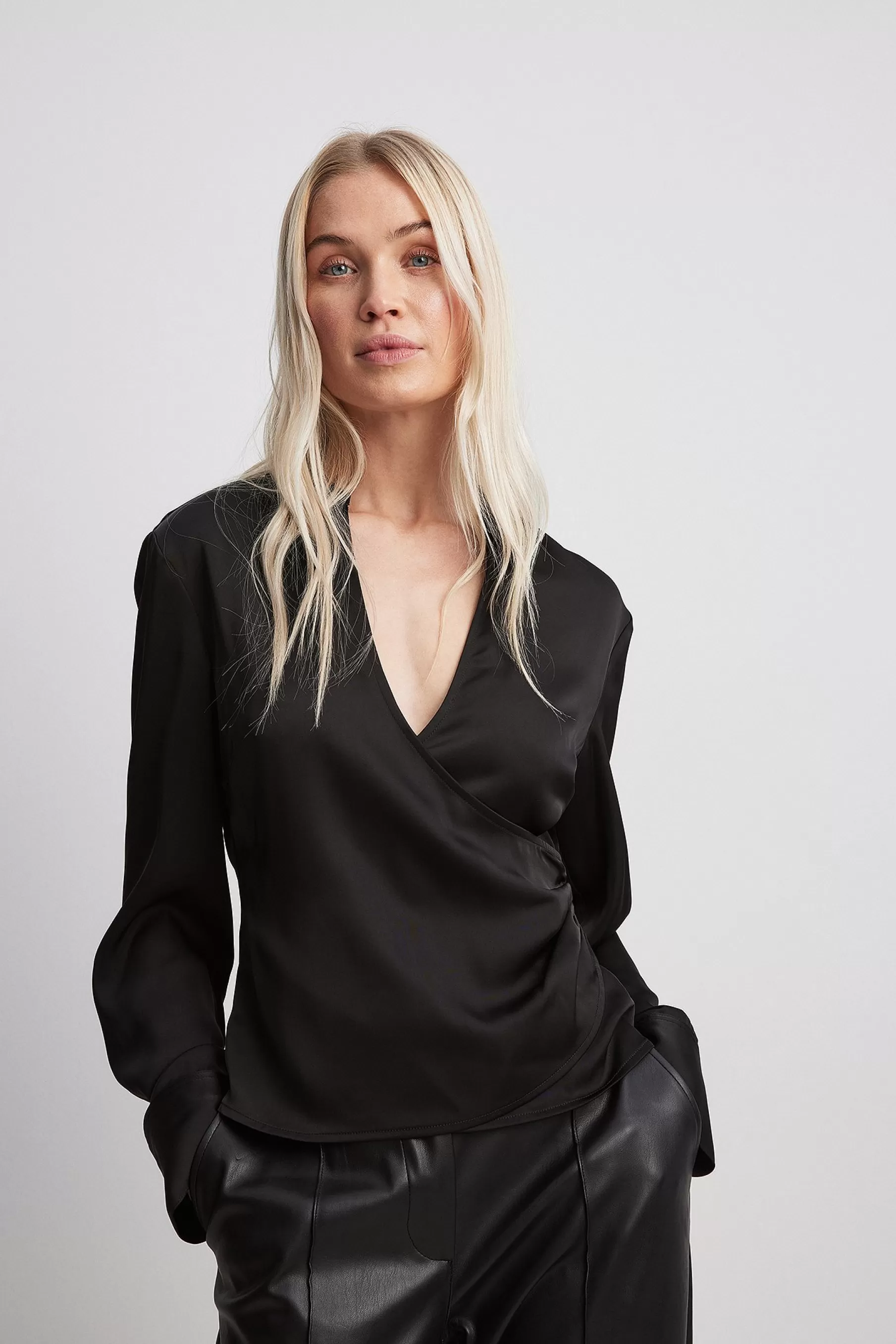 NA-KD Wrap Detail Satin Shirt Black