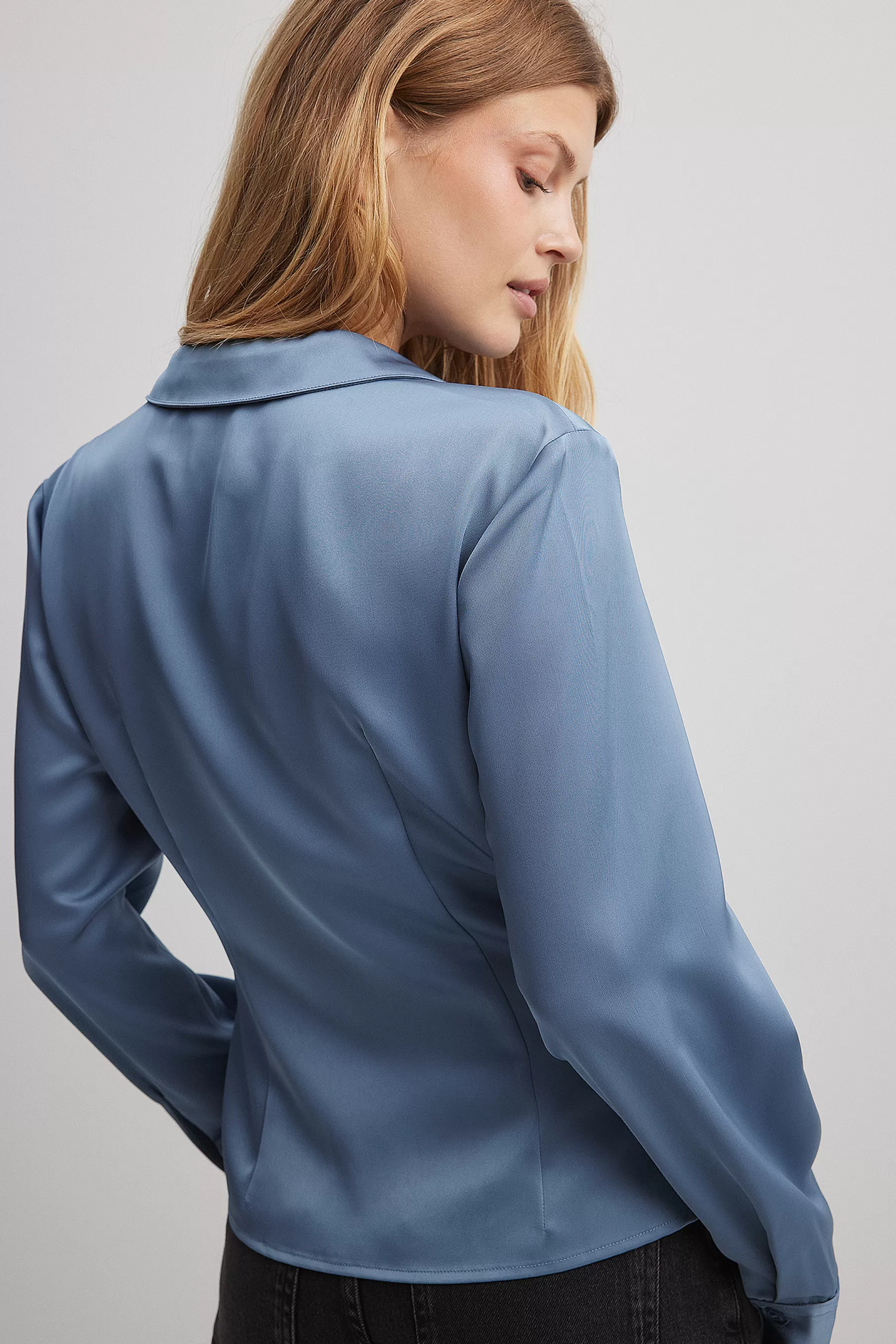 NA-KD Wrap Detail Satin Shirt Blue