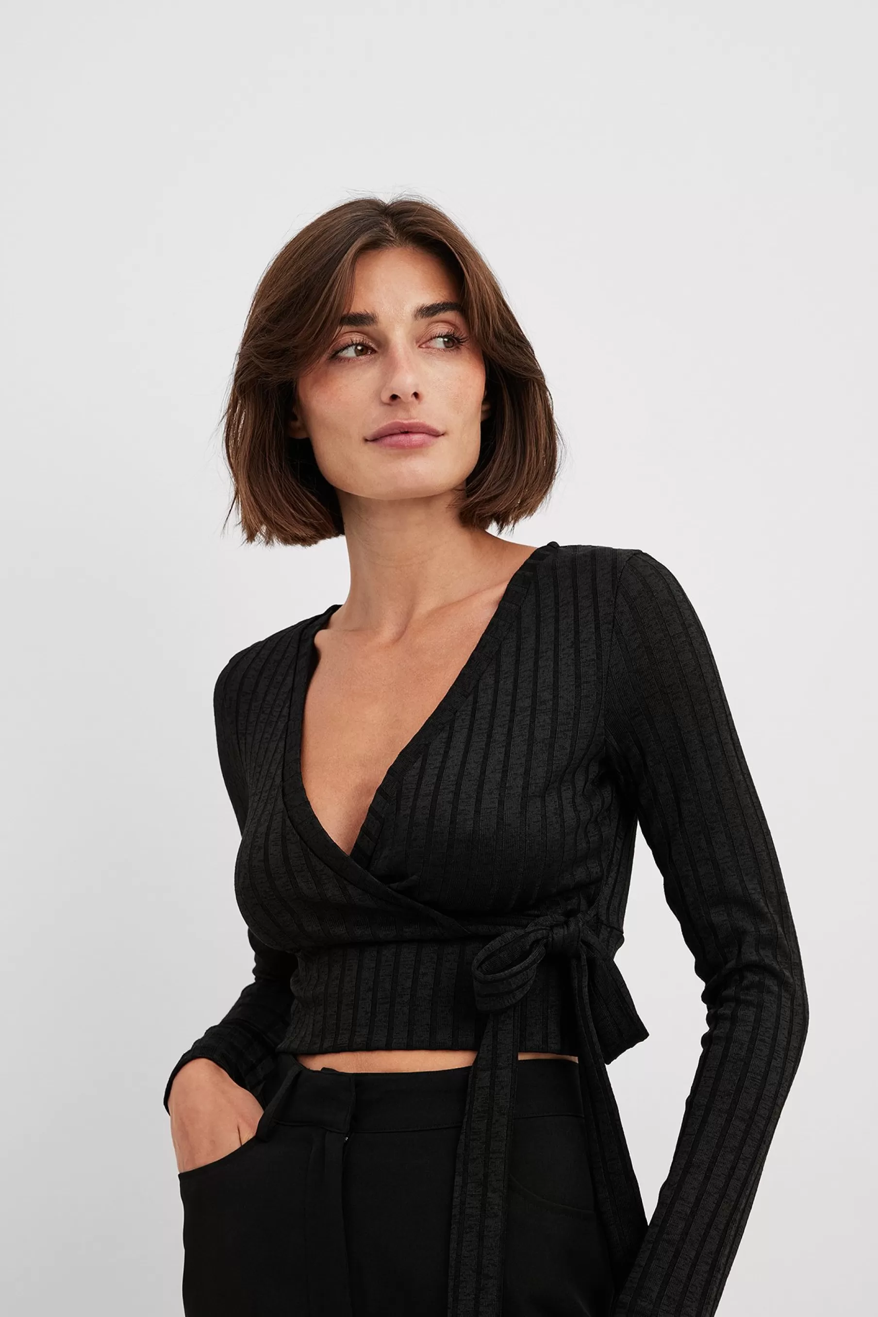 NA-KD Wrap Rib Tie Top Black