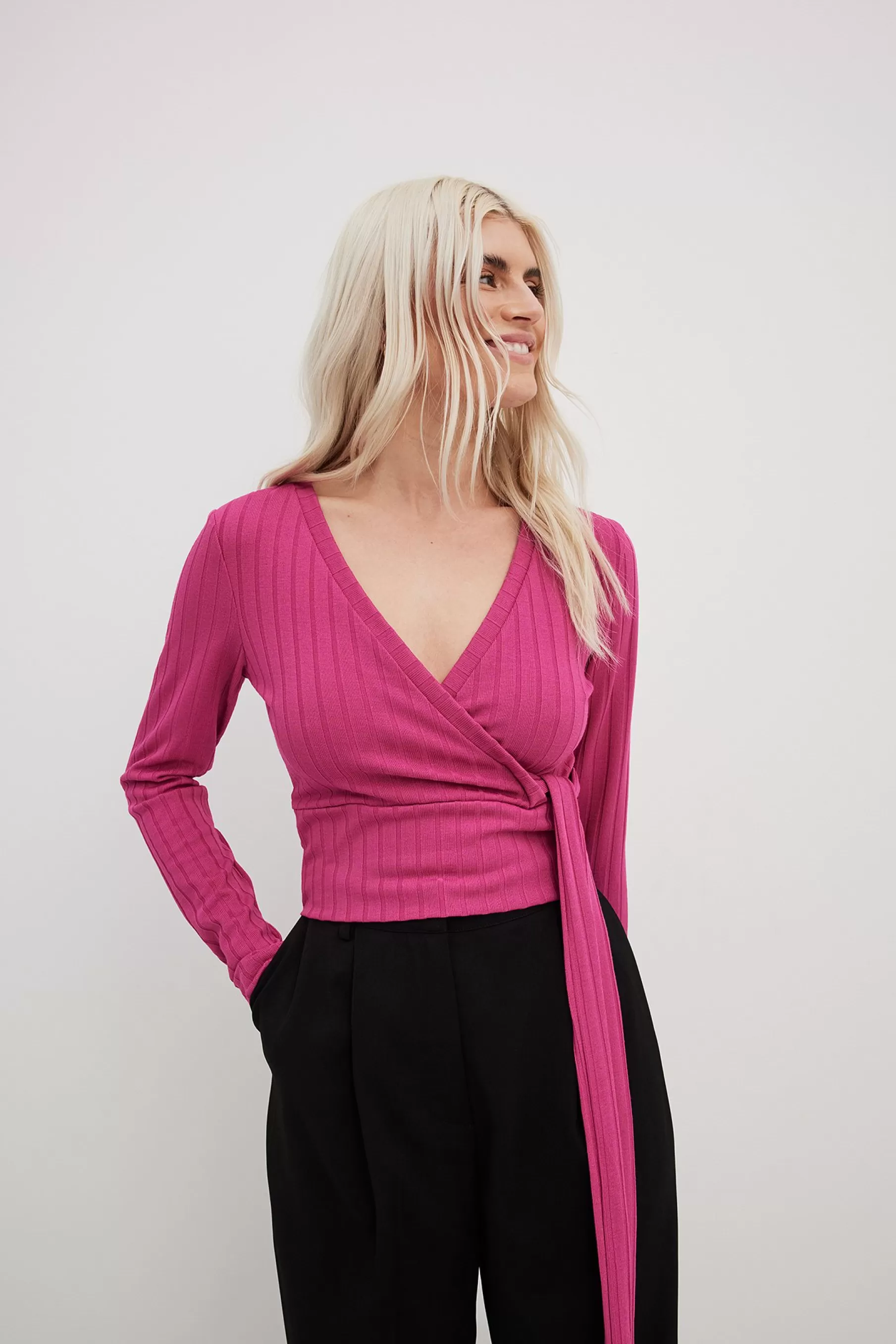 NA-KD Wrap Rib Tie Top Pink