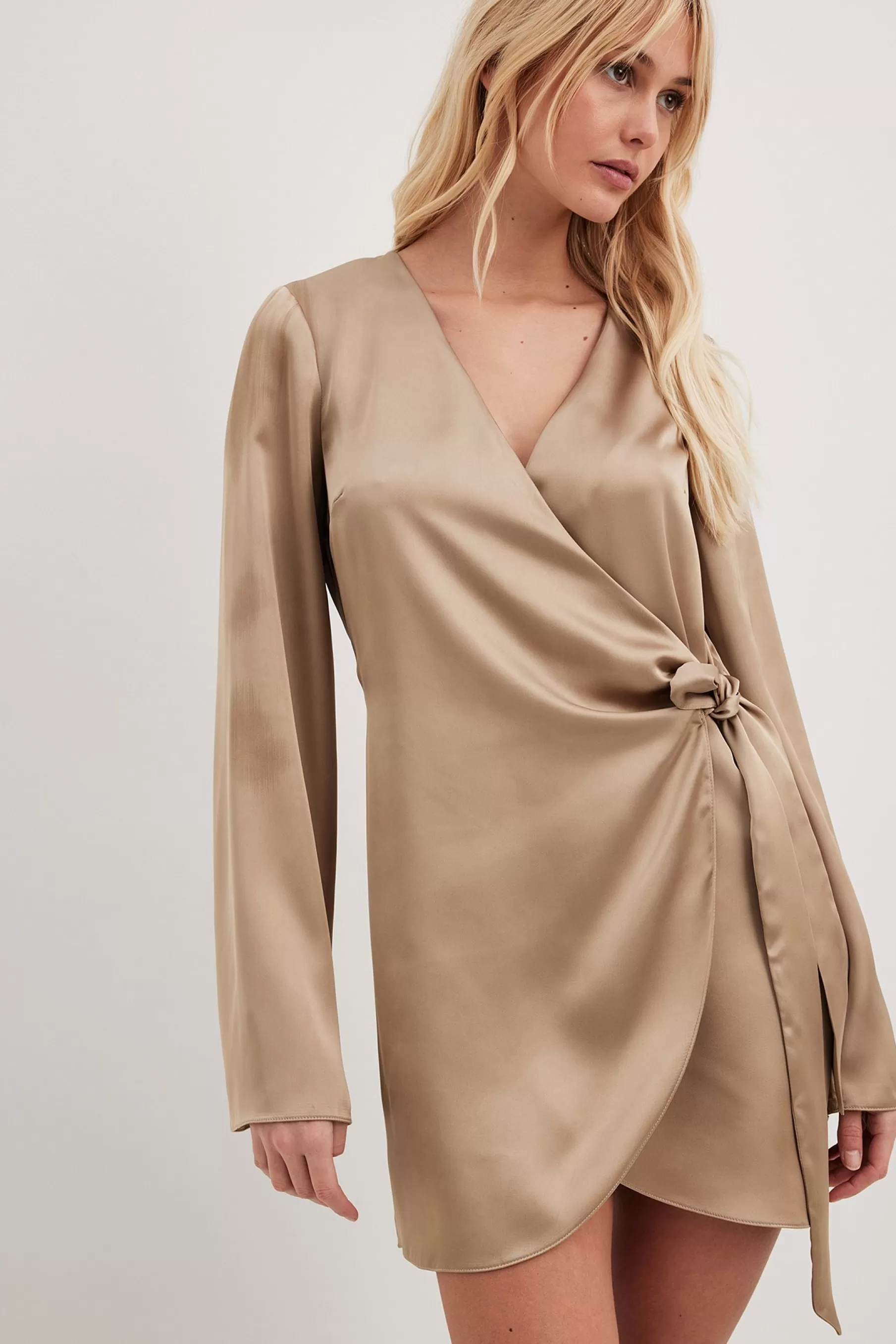 NA-KD Wrap Satin Dress Beige