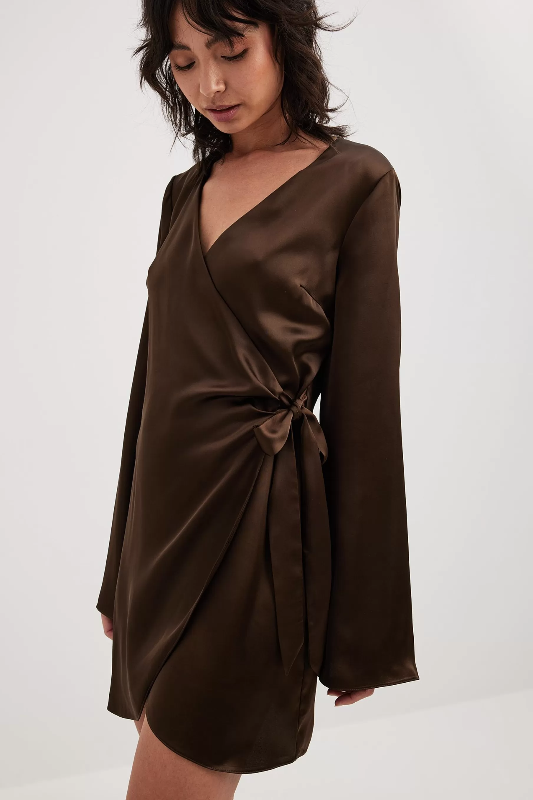 NA-KD Wrap Satin Dress Brown