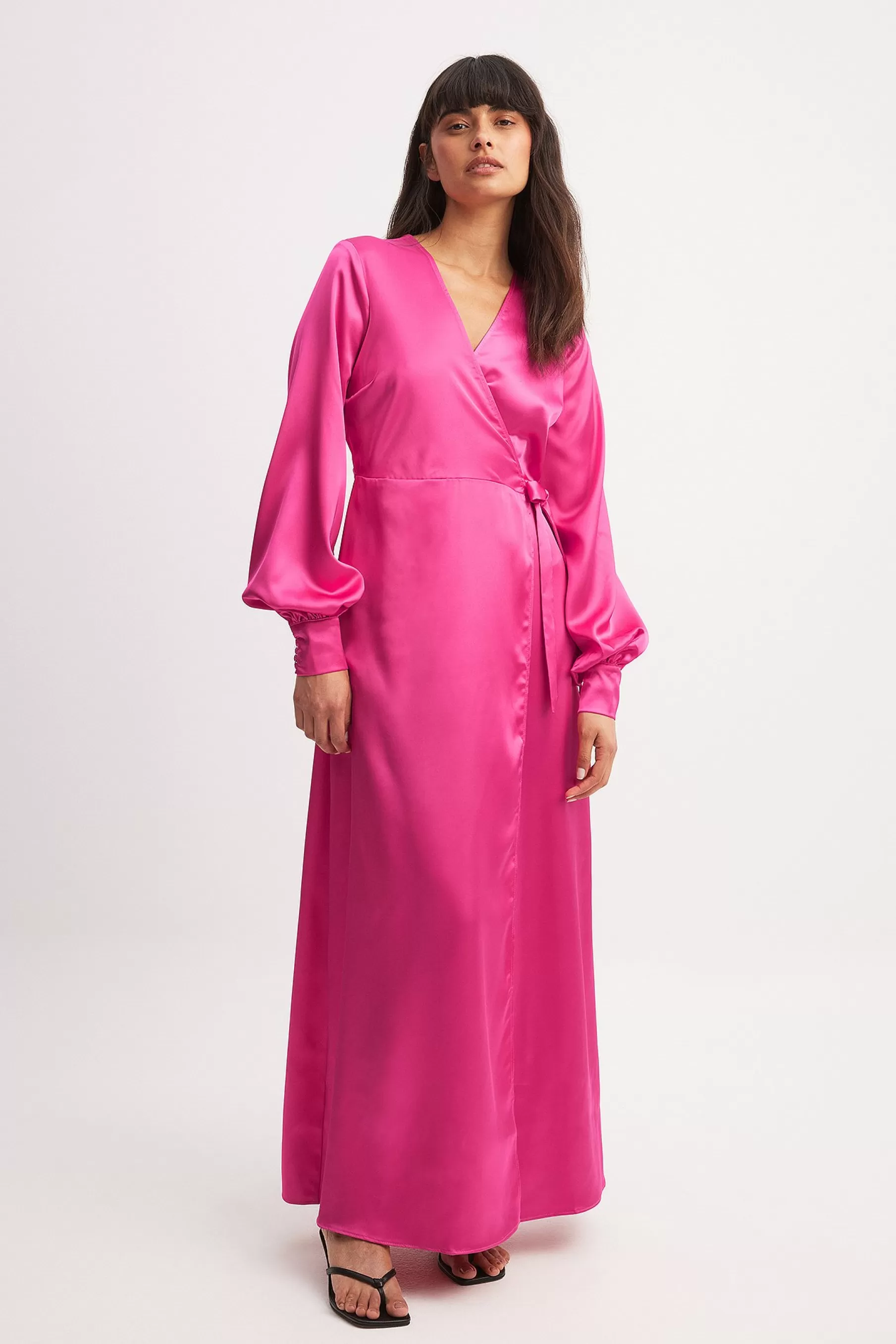 NA-KD Wrap Satin LS Maxi Dress Pink