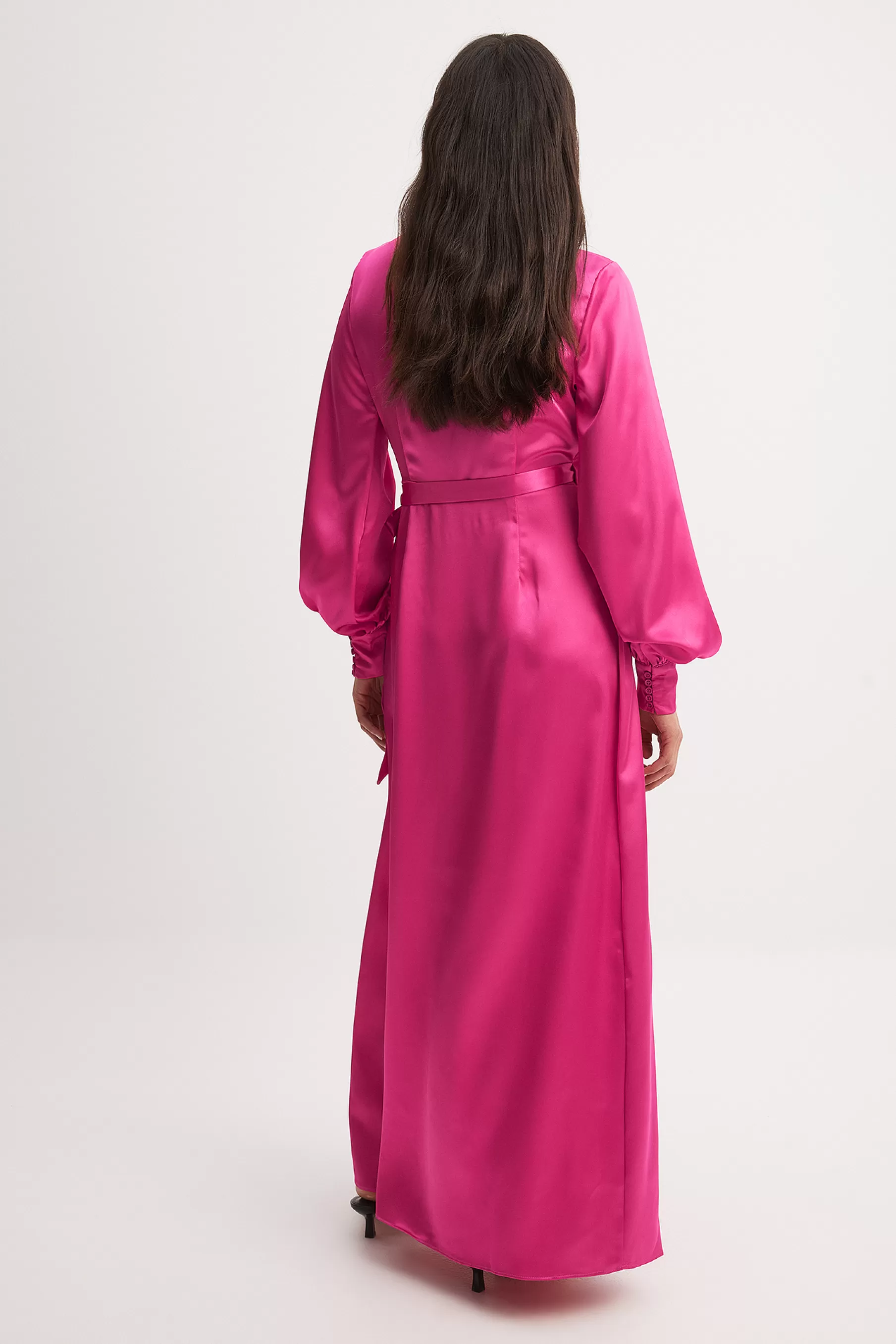 NA-KD Wrap Satin LS Maxi Dress Pink