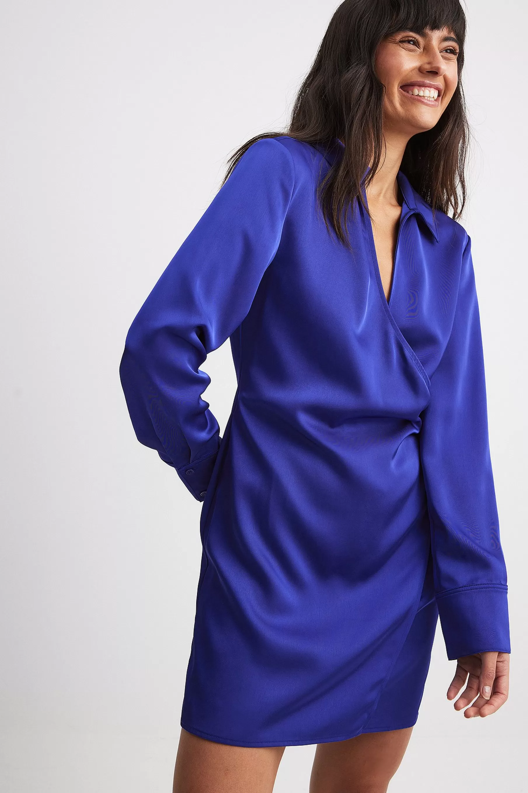 NA-KD Wrap Satin Mini Shirt Dress Blue