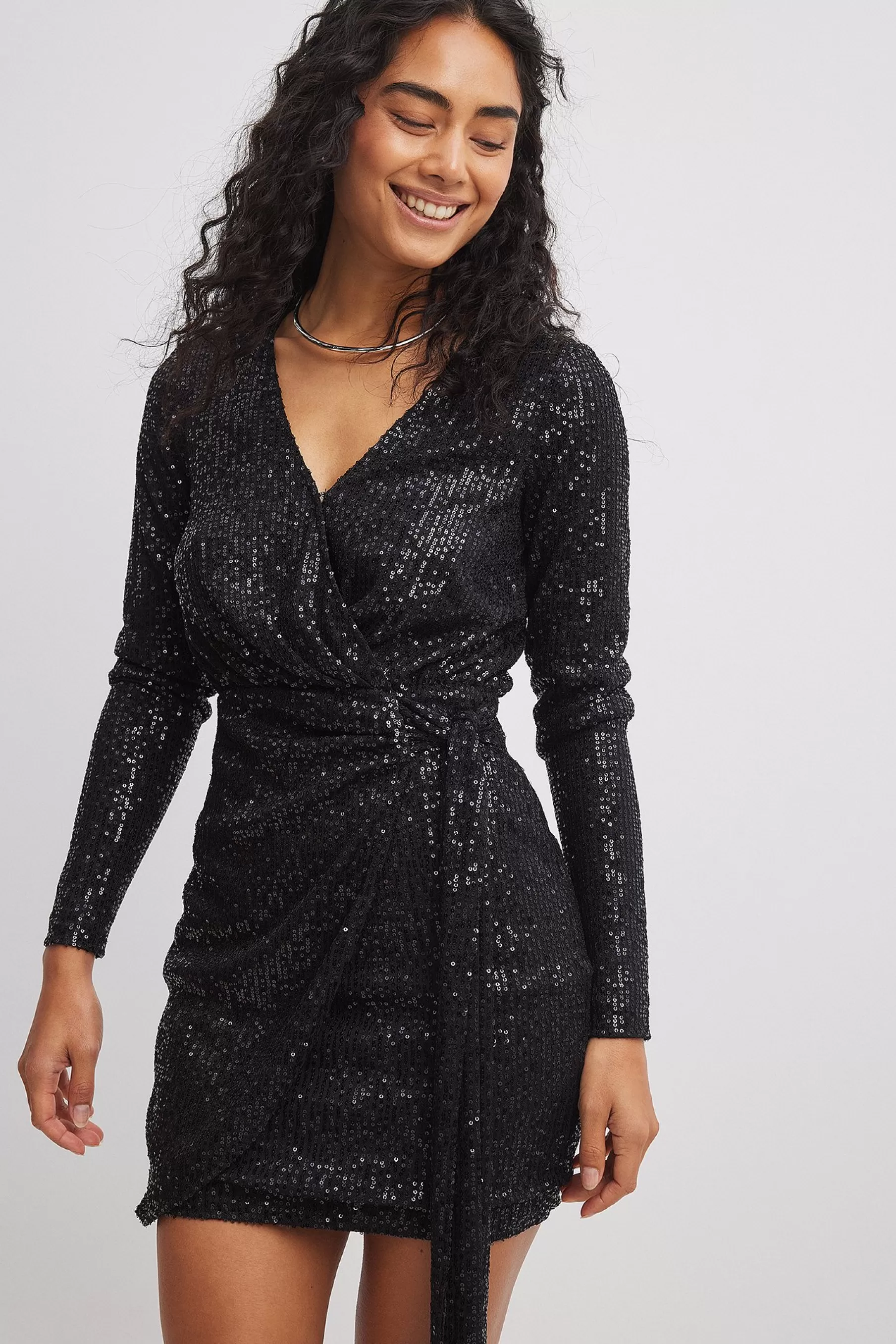 NA-KD Wrap Sequin Mini Dress Black