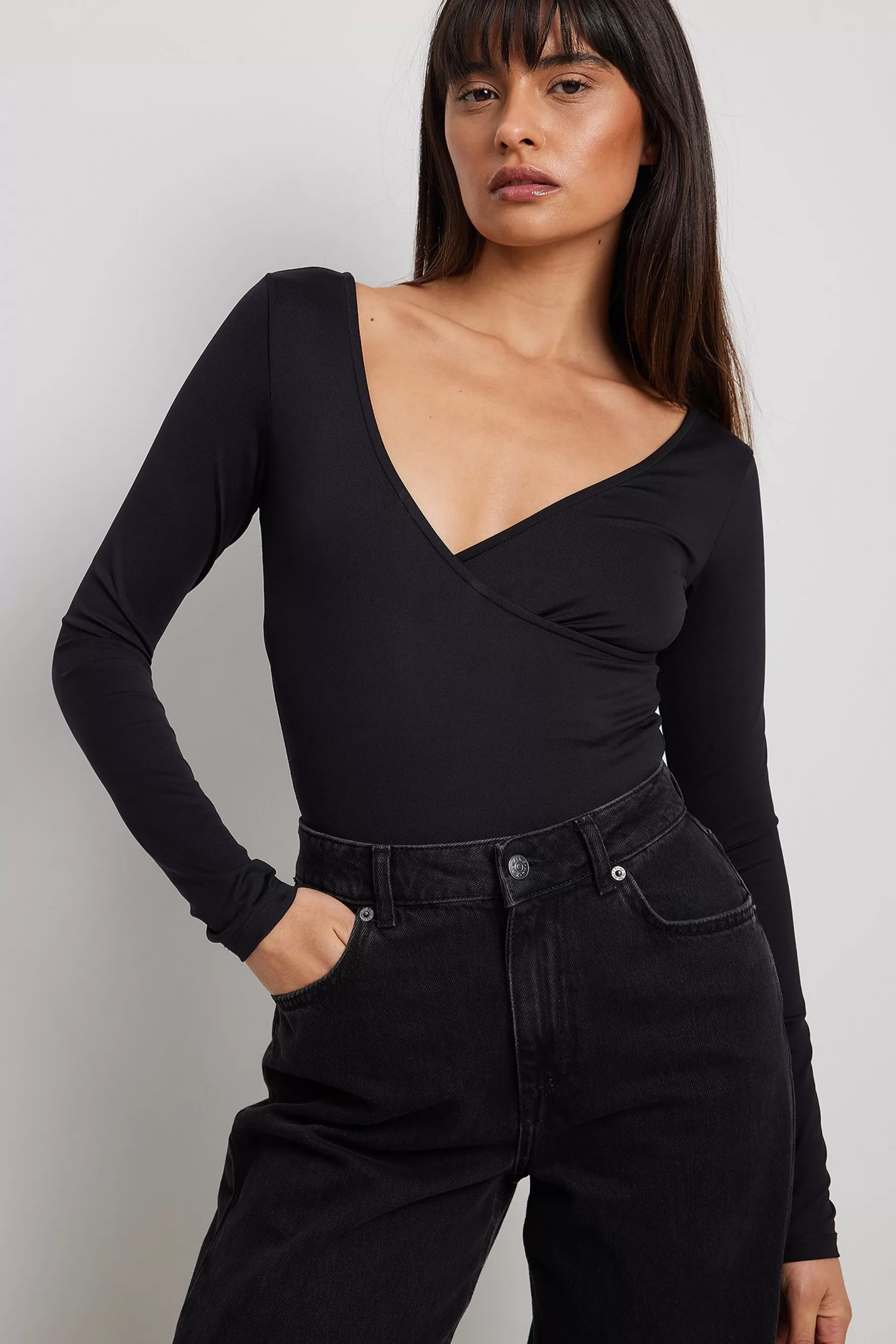 NA-KD Wrap Shiny Bodysuit Black