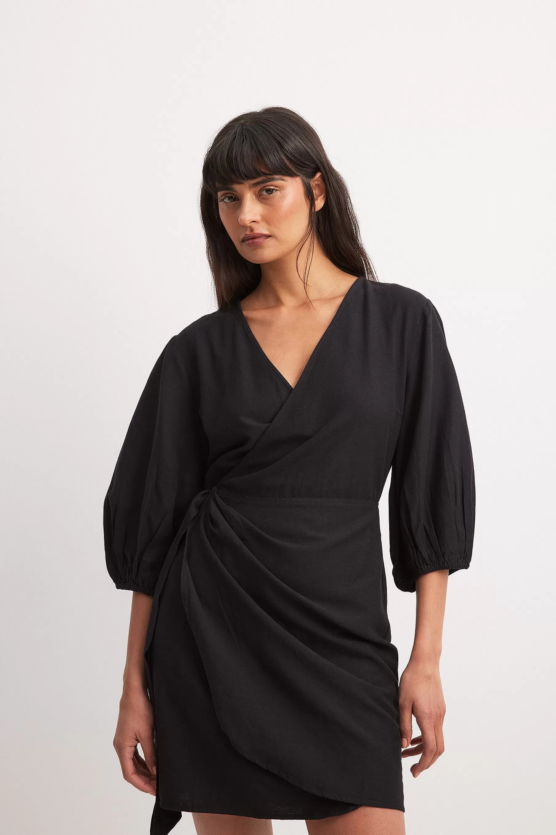 NA-KD Wrapped Linen Mix Mini Dress Black